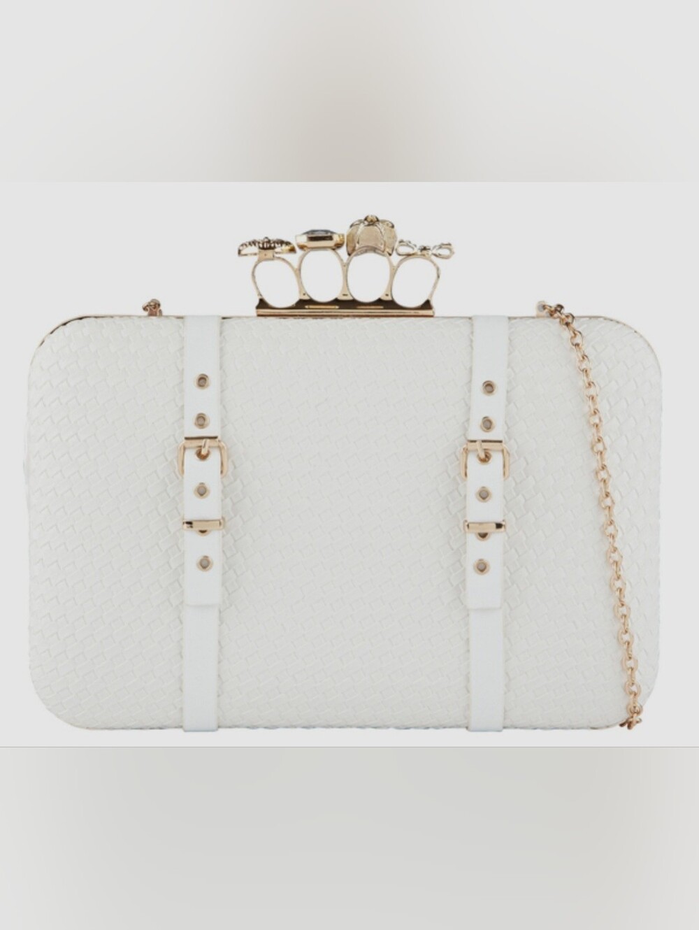 Black Embossed Knuckle-Handle Clutch with Gold Accents